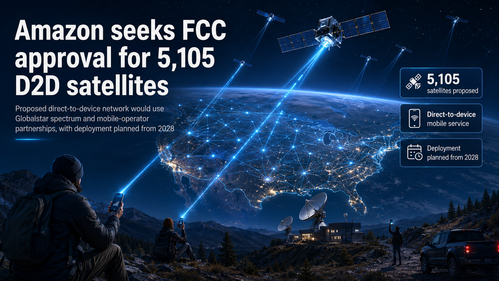 Illustration of low Earth orbit satellites linking directly to smartphones over North America, with ground stations and network connections.