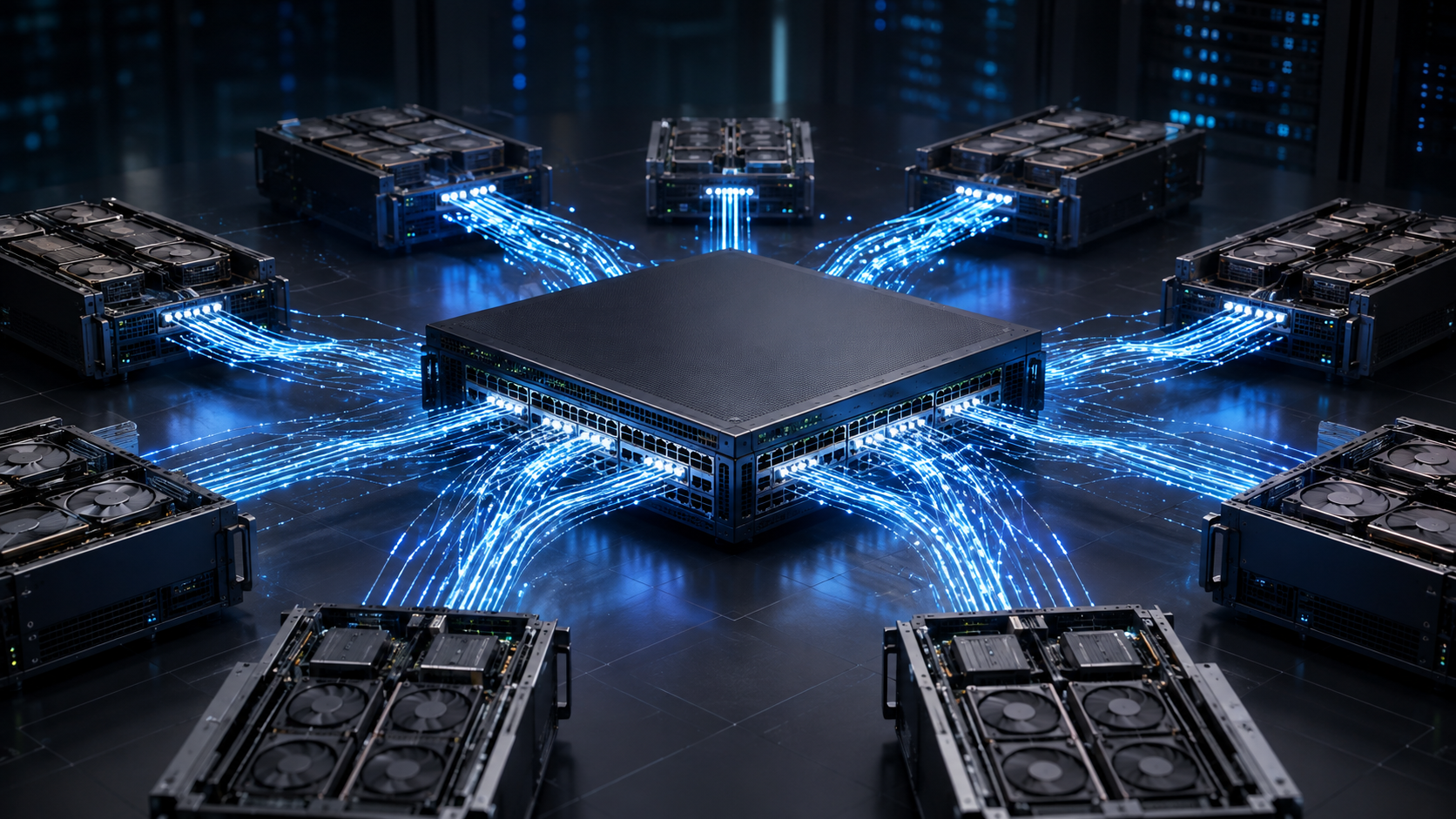 Un commutateur Ethernet central relie plusieurs nœuds d’accélération d’IA au moyen de liaisons de données multipath à haut débit dans un centre de données.