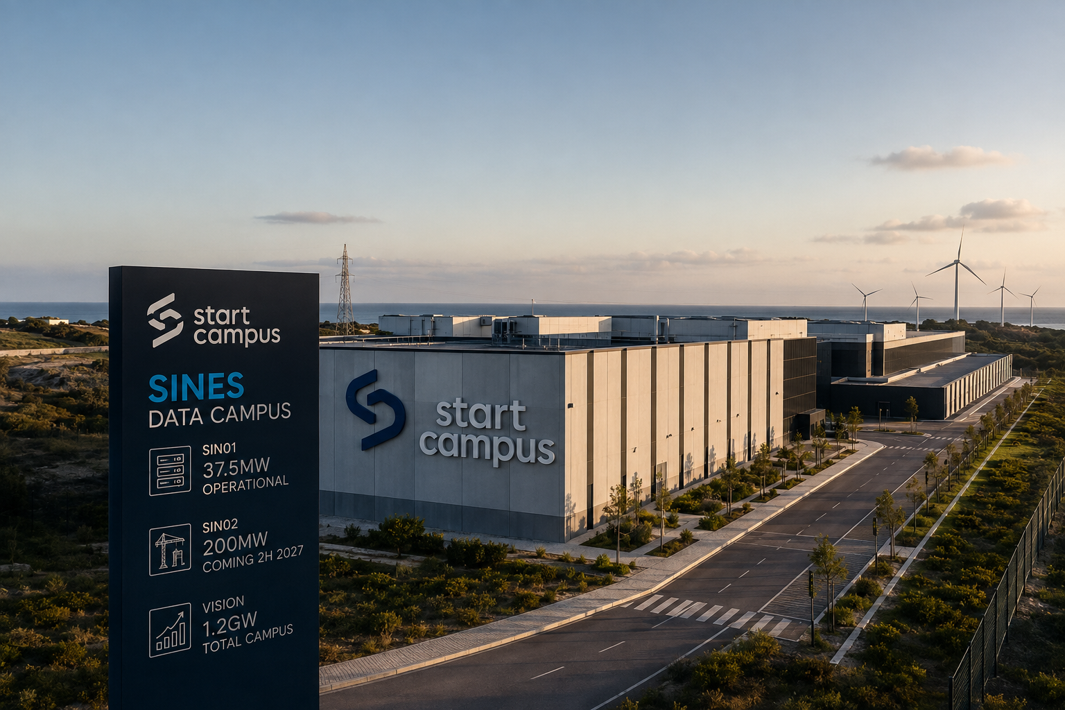 Conceptual aerial view of the Start Campus data-centre site in Sines, with coastal infrastructure, wind turbines and a project information sign