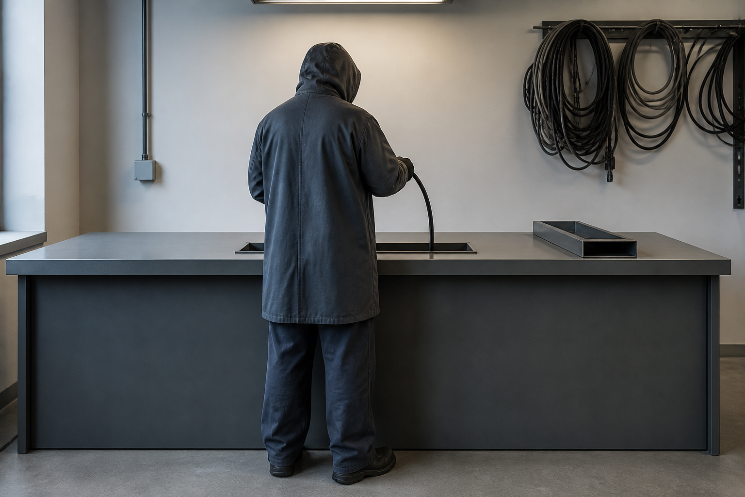 AI-generated photorealistic editorial scene of a fully concealed anonymous worker viewed from behind guiding an unlabeled cable into a blank workbench; not a photograph or likeness of Timur Bakeyev.