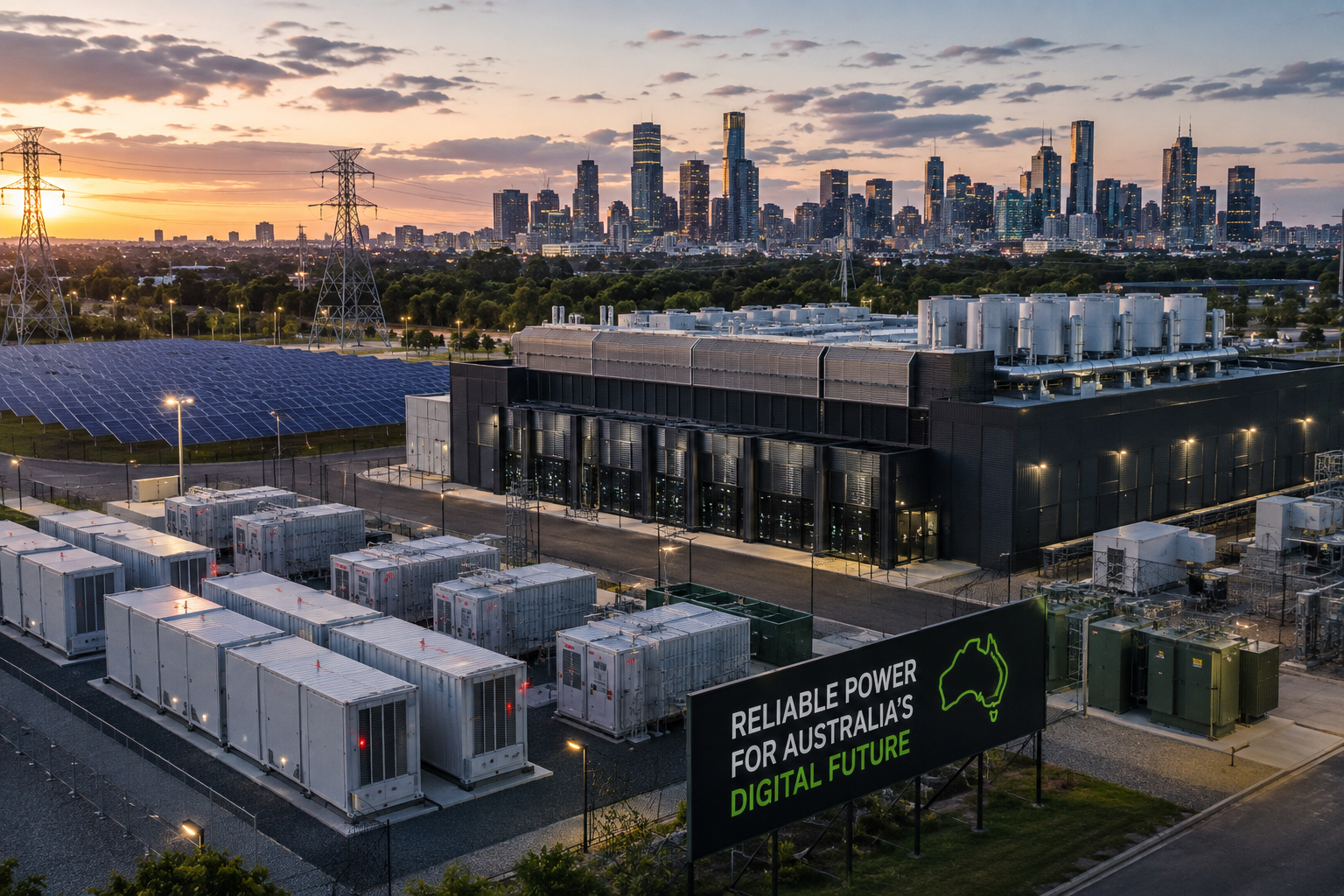Conceptual Australian data centre beside battery storage, solar generation and electricity-grid infrastructure.