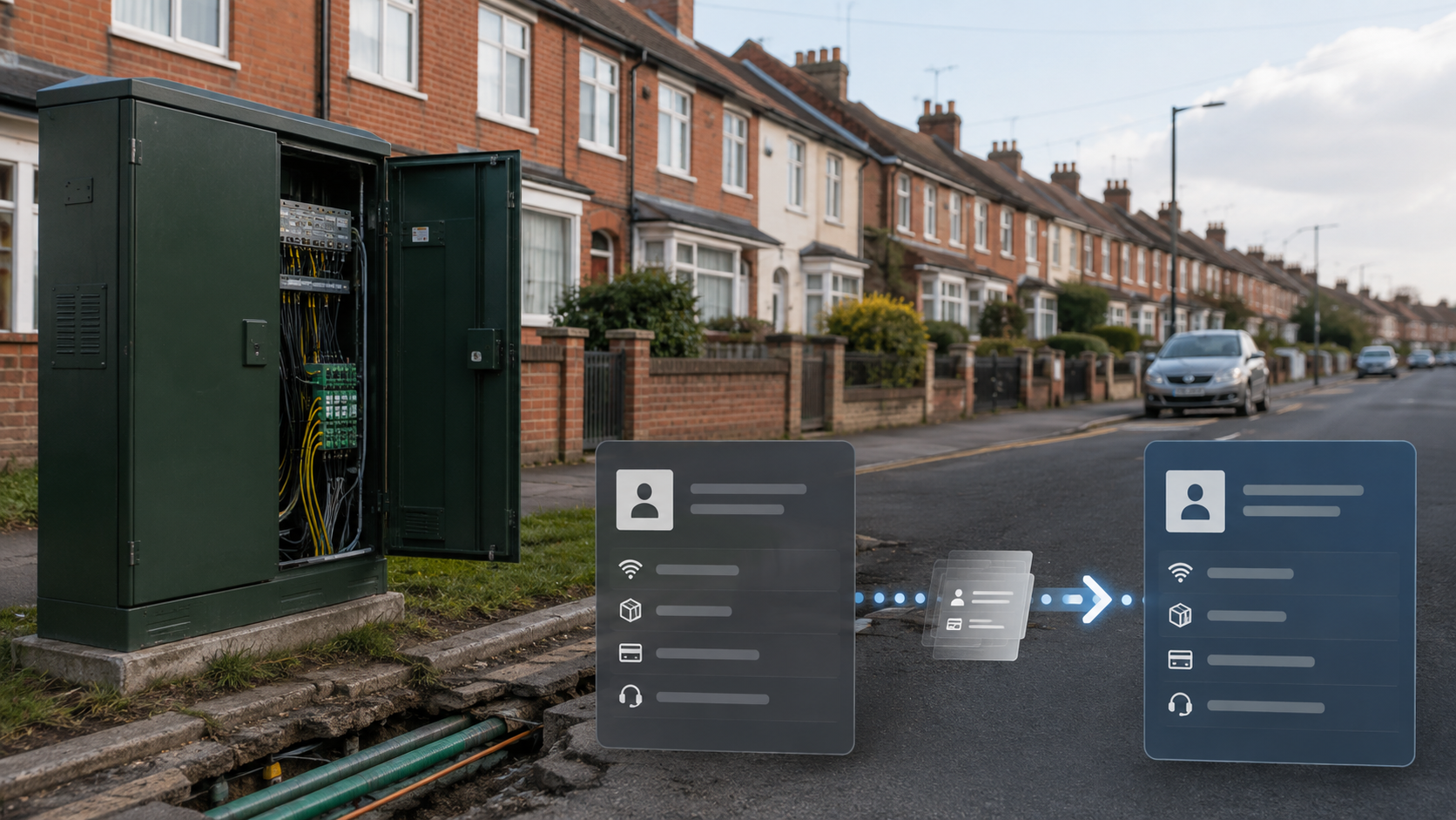 UK residential street with telecom equipment and digital customer records shown moving between service providers.