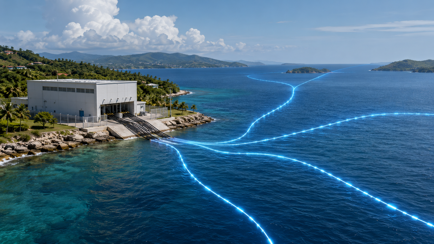 Conceptual subsea cable landing station with several cable routes extending across Caribbean waters.