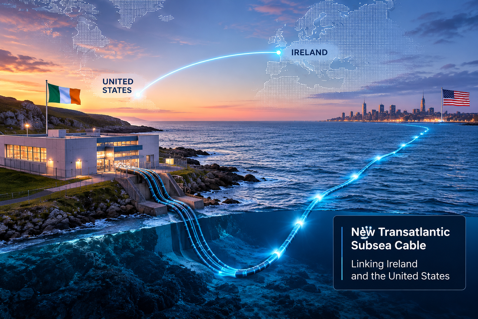 Conceptual transatlantic subsea cable connecting Ireland and the United States across the Atlantic Ocean.
