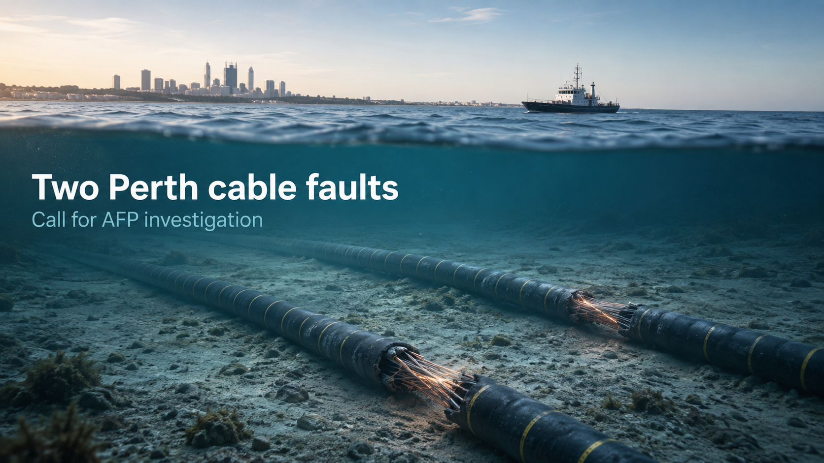 Conceptual AI-generated editorial illustration showing two damaged subsea cables off a coastal city, representing reported cable faults near Perth.