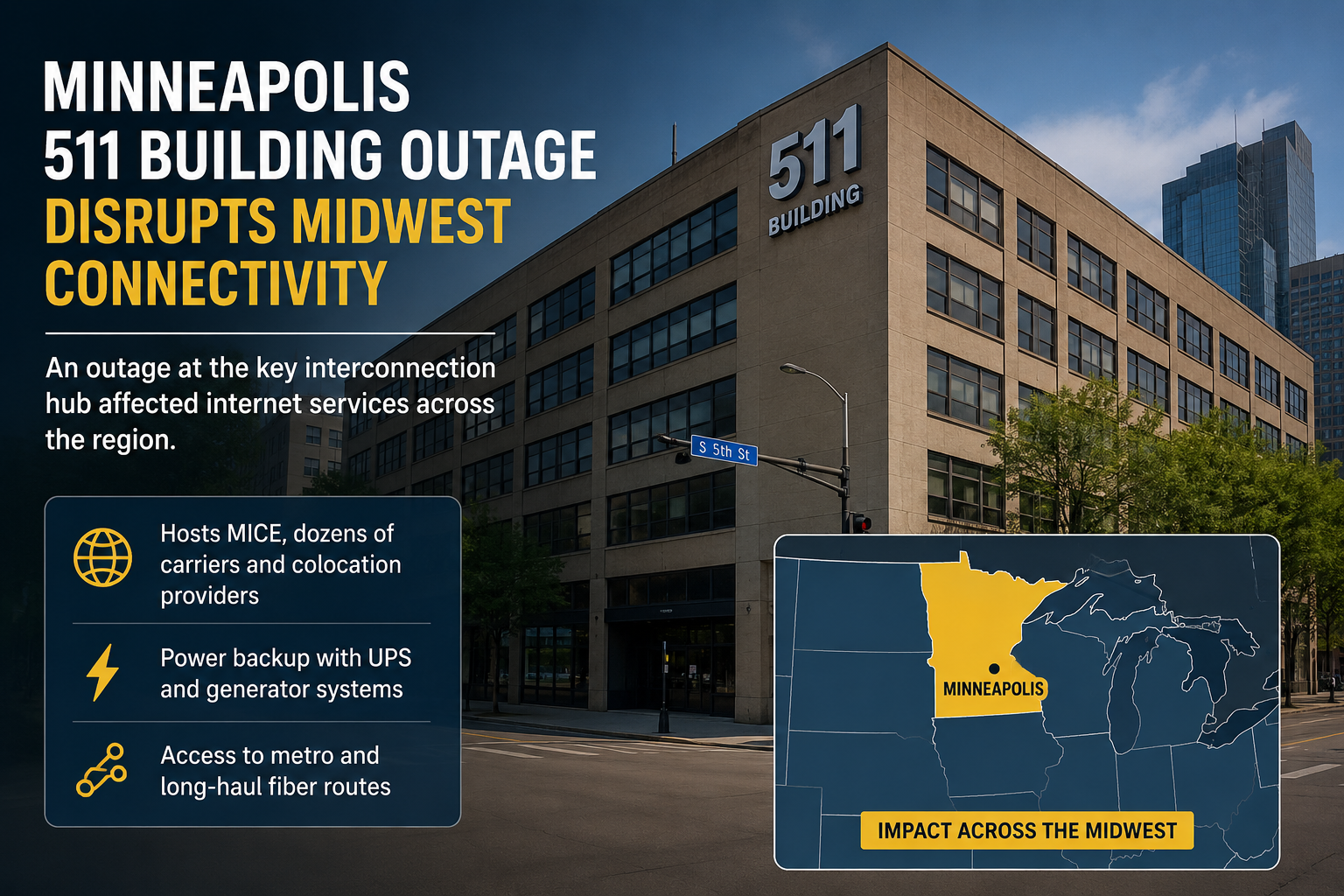 AI-generated editorial illustration of a Minneapolis interconnection building representing the 511 Building outage and its impact on Midwest internet connectivity.