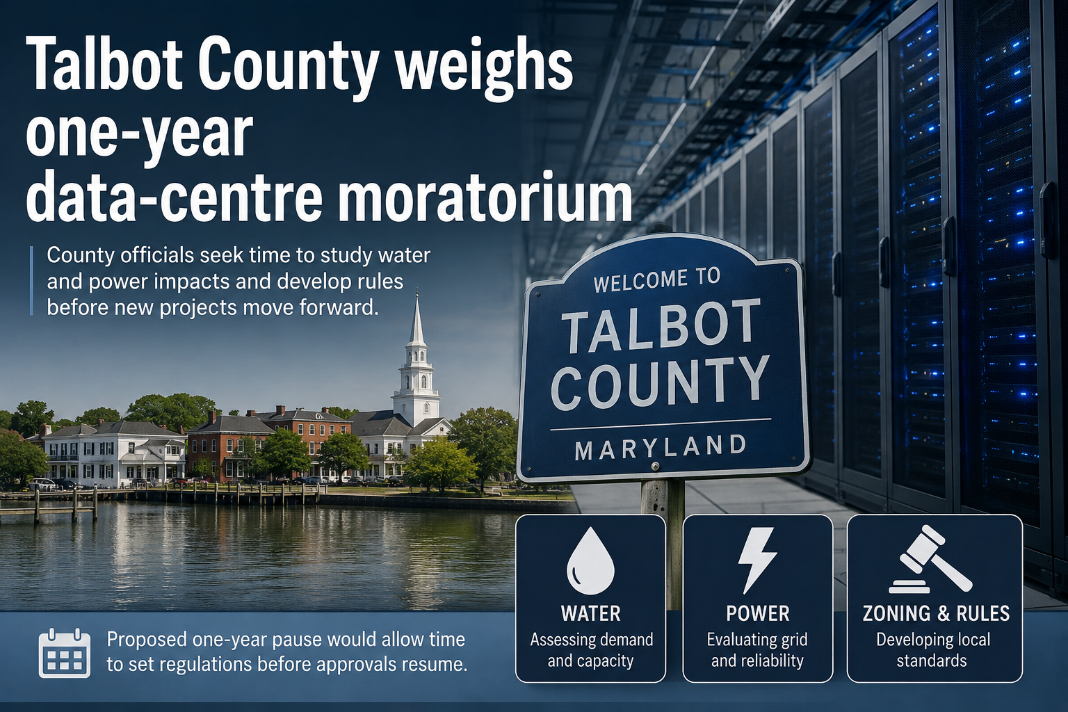AI-generated editorial illustration showing Talbot County, Maryland alongside data-centre infrastructure, water, power and zoning symbols representing the proposed moratorium.