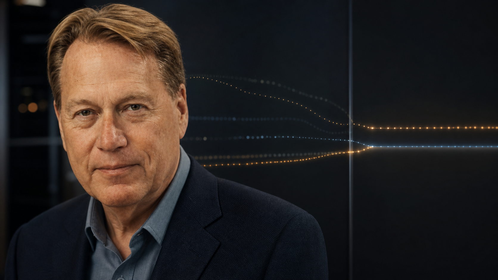 AI editorial portrait of Acee Lindem beside packet-light sequences crossing a dark router-restart boundary.