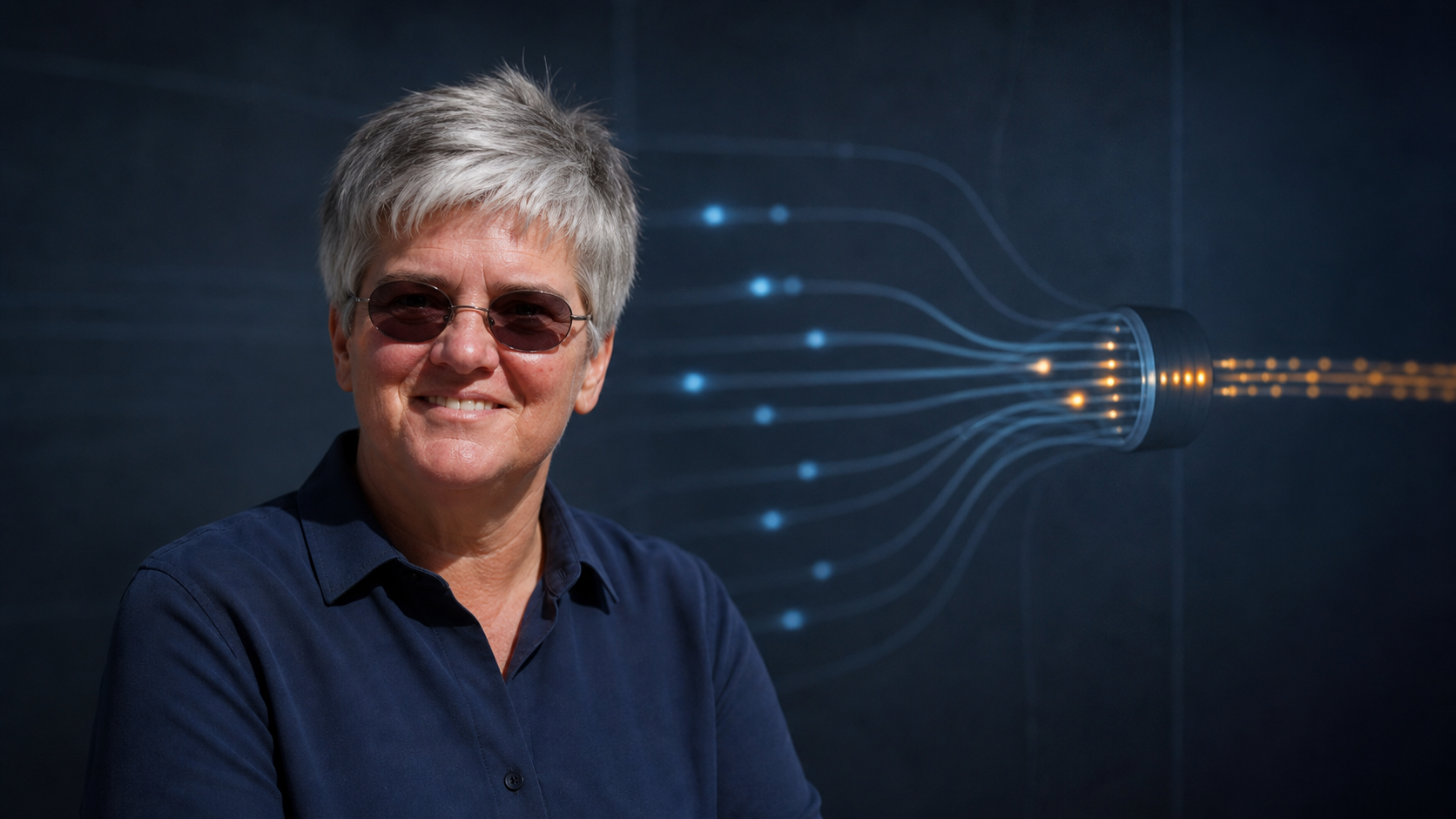 AI editorial portrait of Sally Floyd beside several packet flows converging on a shared network bottleneck.
