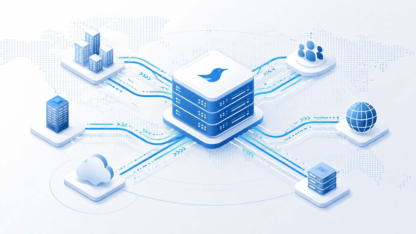 AI-generated editorial illustration showing a BIRD routing server at the centre of interconnected networks and internet infrastructure.