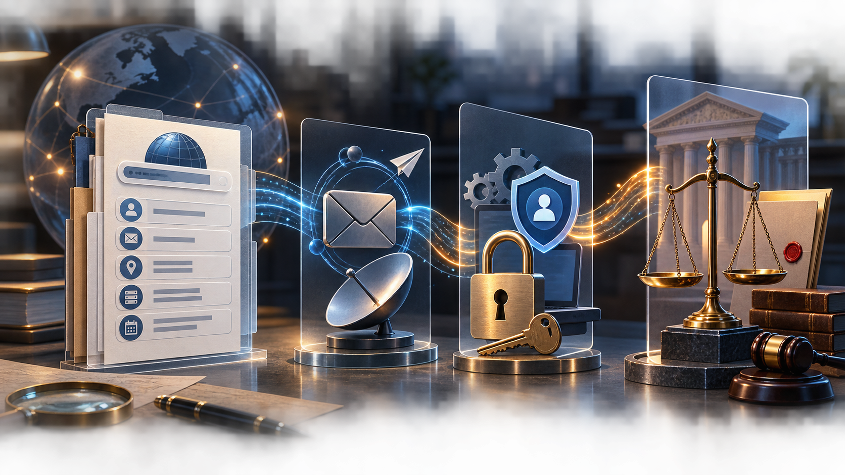 Four separate evidence planes show a registration record, a reachable contact channel, account-control credentials and legal scales.