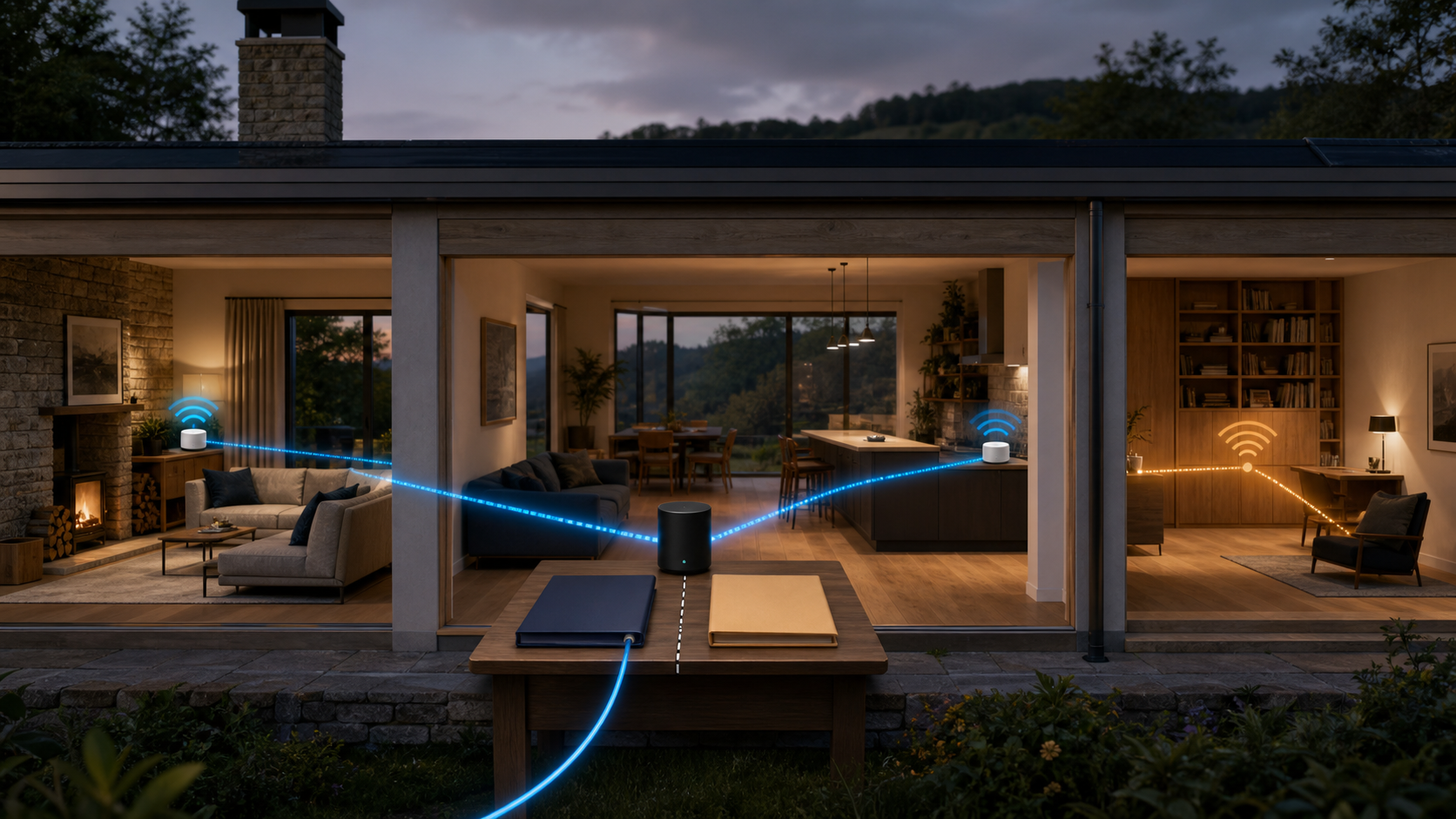 A cutaway home shows a router and two mesh nodes carrying blue Wi-Fi paths through two rooms while an amber path weakens in a third, beside two separate unmarked service folders.