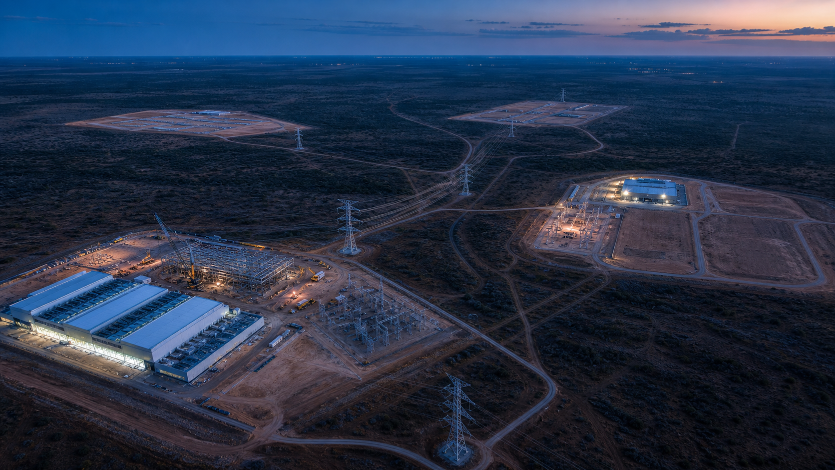 Four separate data-centre sites branch from a high-voltage corridor across a Texas landscape: one operating, one under construction, one partly energised and two distant prepared parcels.