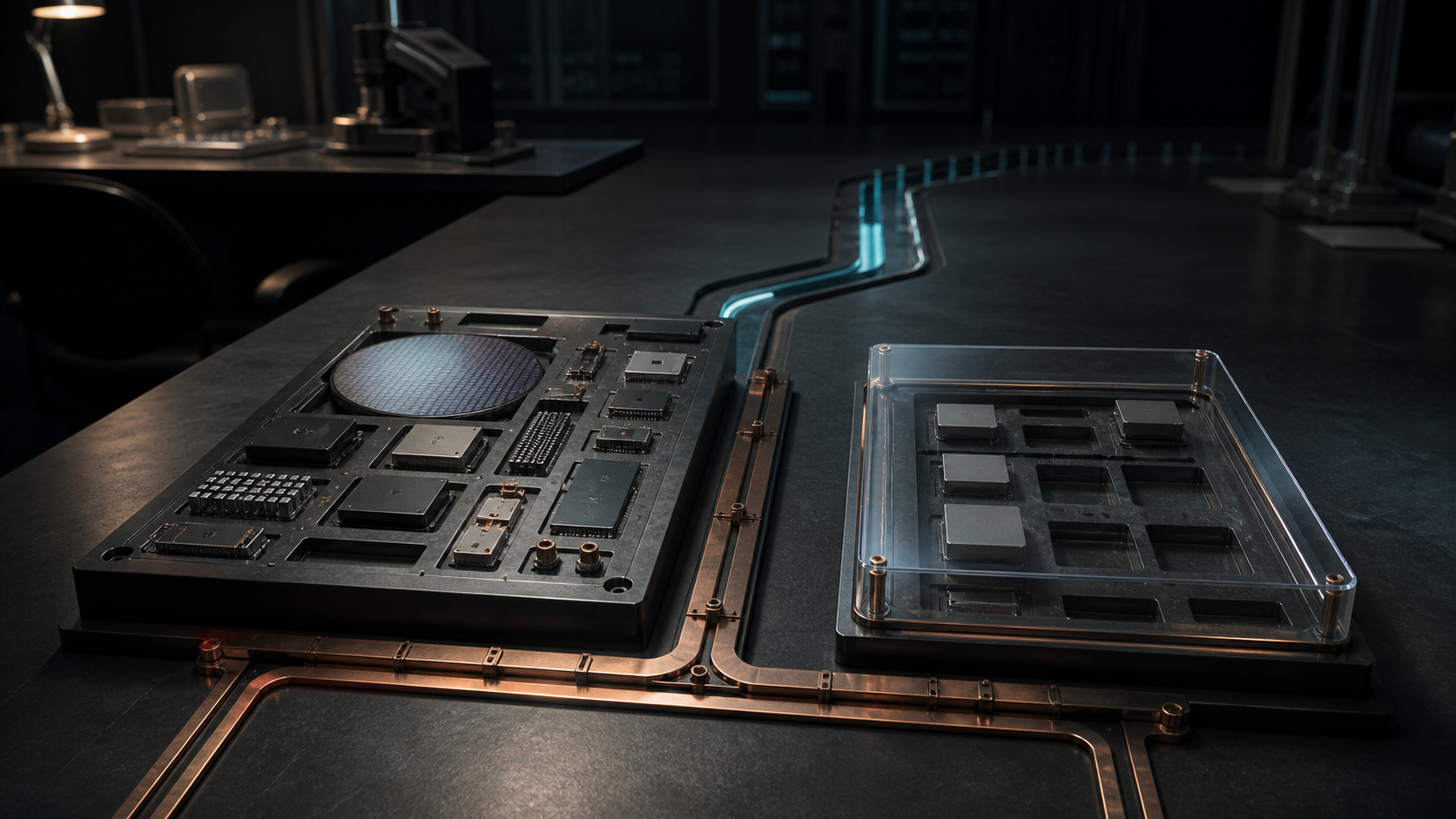 A populated chip-design delivery tray and a sealed tray with unassigned modules share one commitment rail.