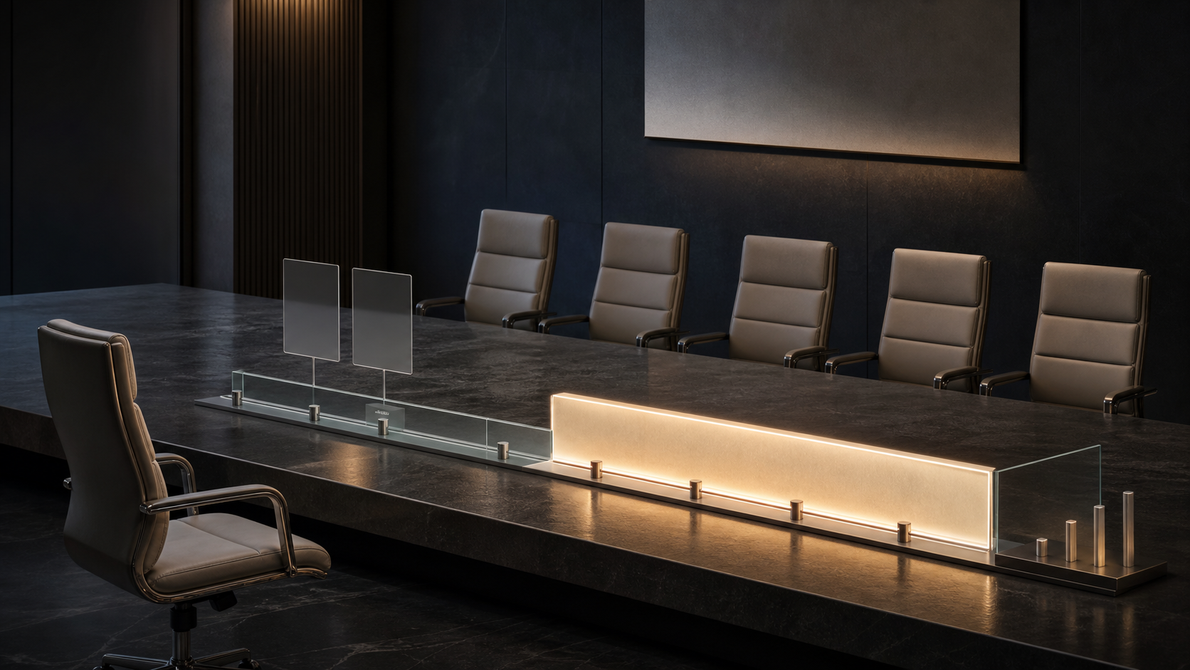 A separate vacant chair and two blank notice panels connect through an illuminated succession bridge to five serving Board seats.