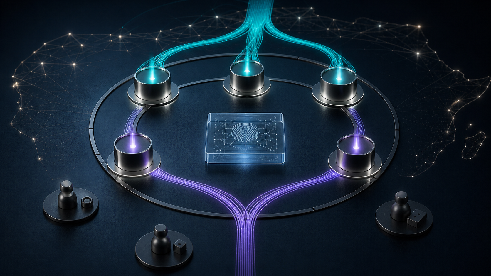 Five equal illuminated voting stations surround a versioned ledger: three follow teal election paths and two follow violet appointment paths, with three unlit non-voting support markers outside.