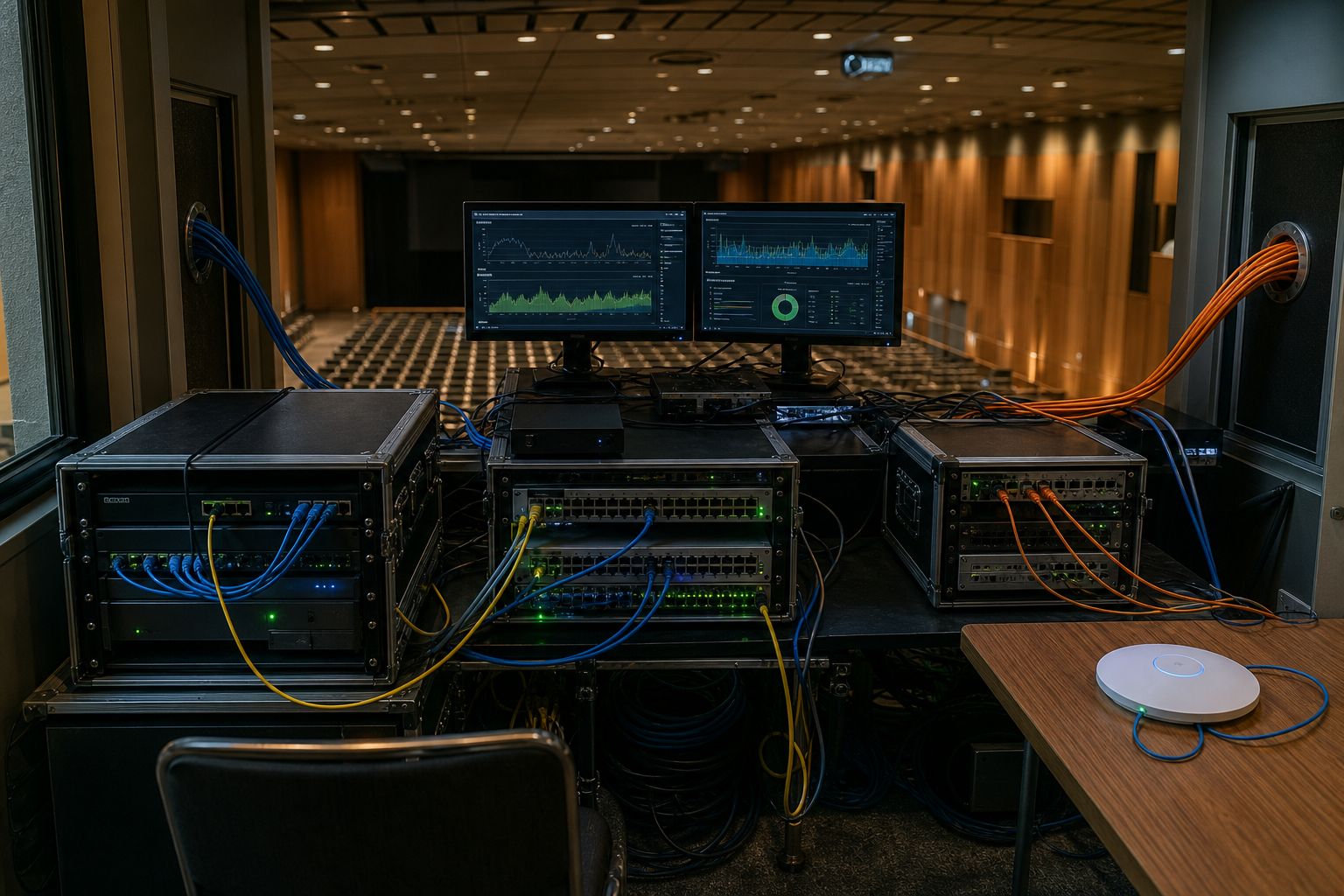 Two separate fibre uplinks feed redundant conference-network equipment and local monitoring while one access point sits outside the managed group.