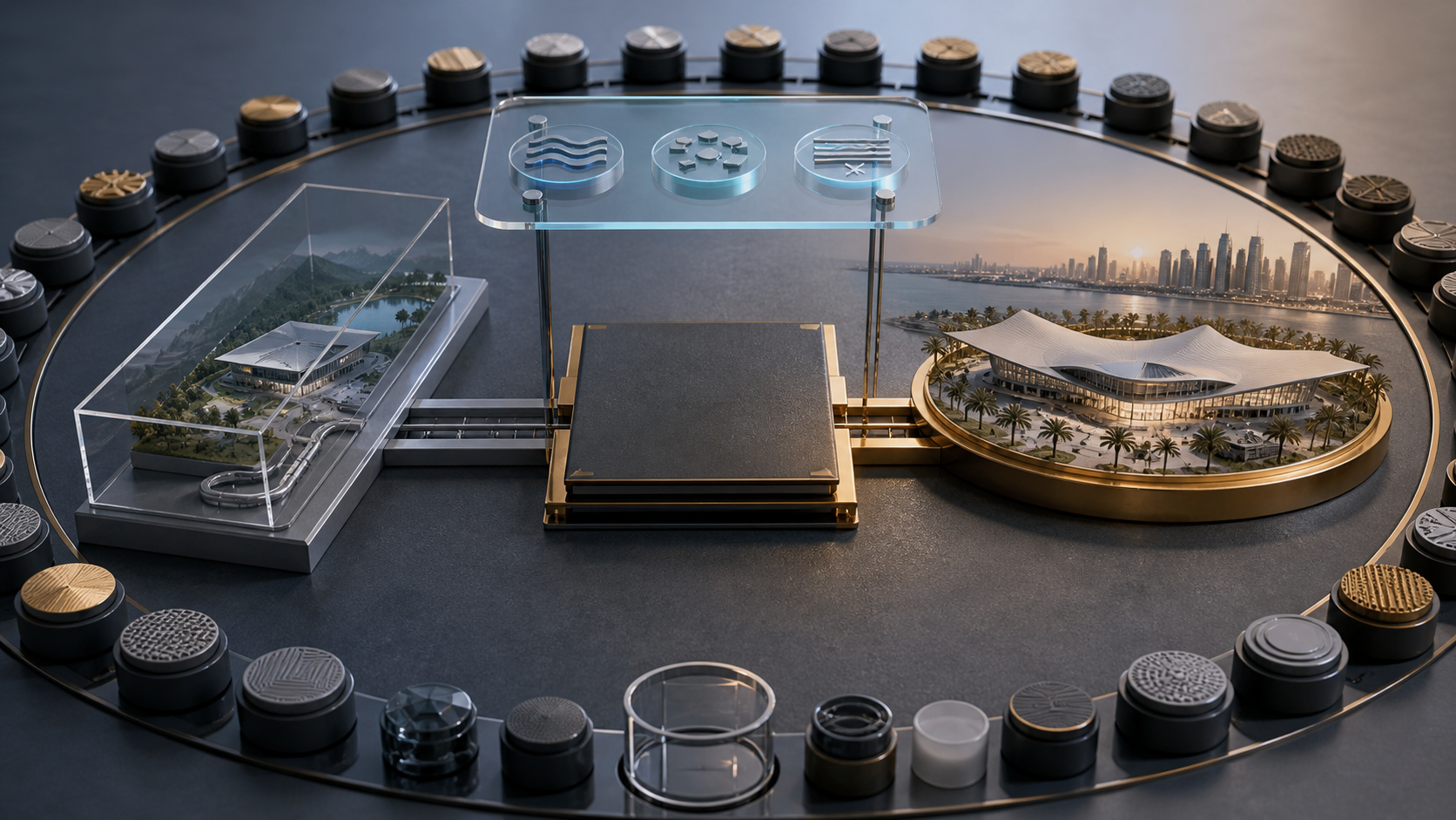 A sealed decision folio stays on the active Gulf conference path while a reviewed alpine contingency remains inactive behind glass.