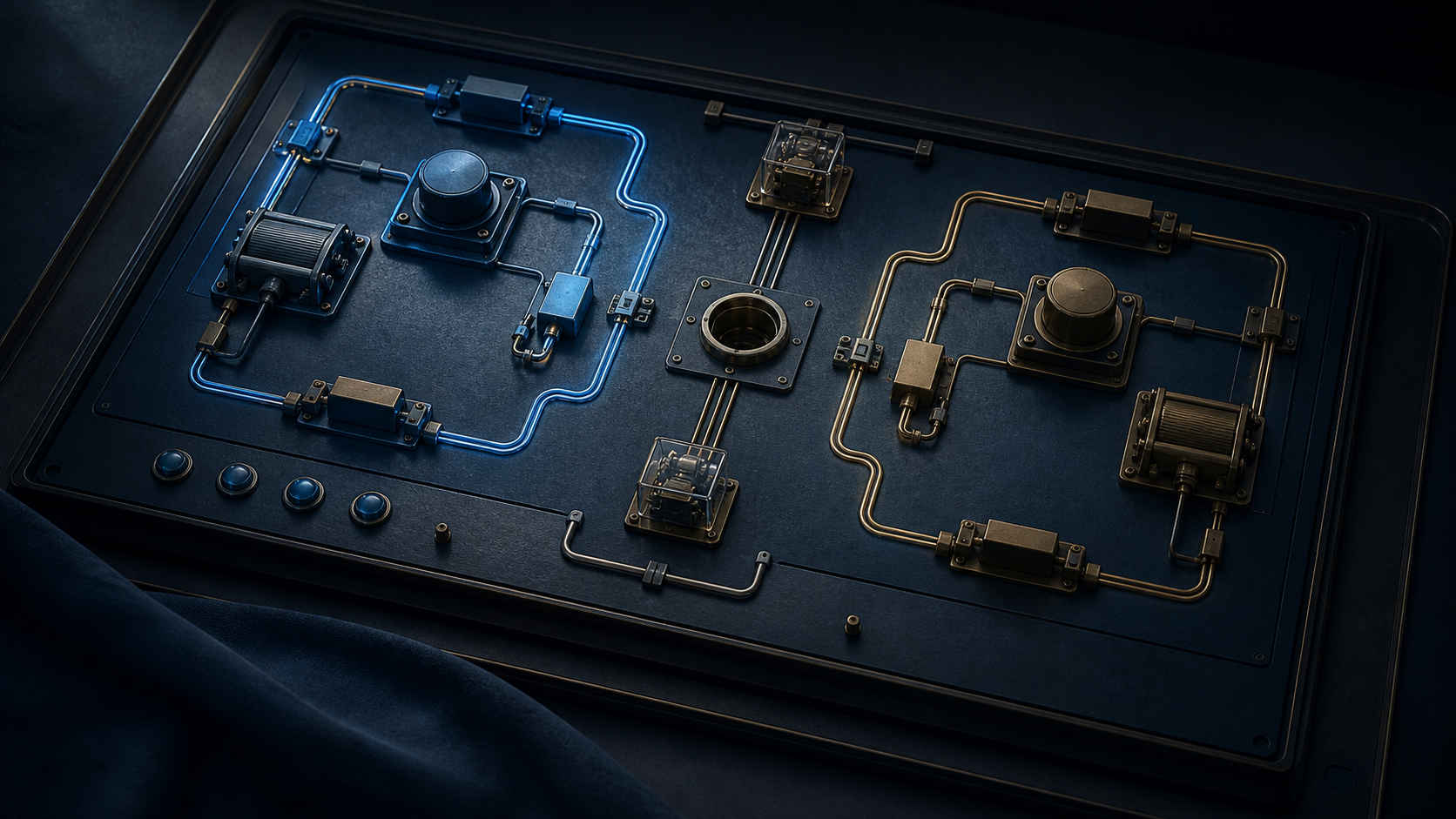 Two institutional circuits sit ready on a dark control panel, divided by an empty central trigger socket.