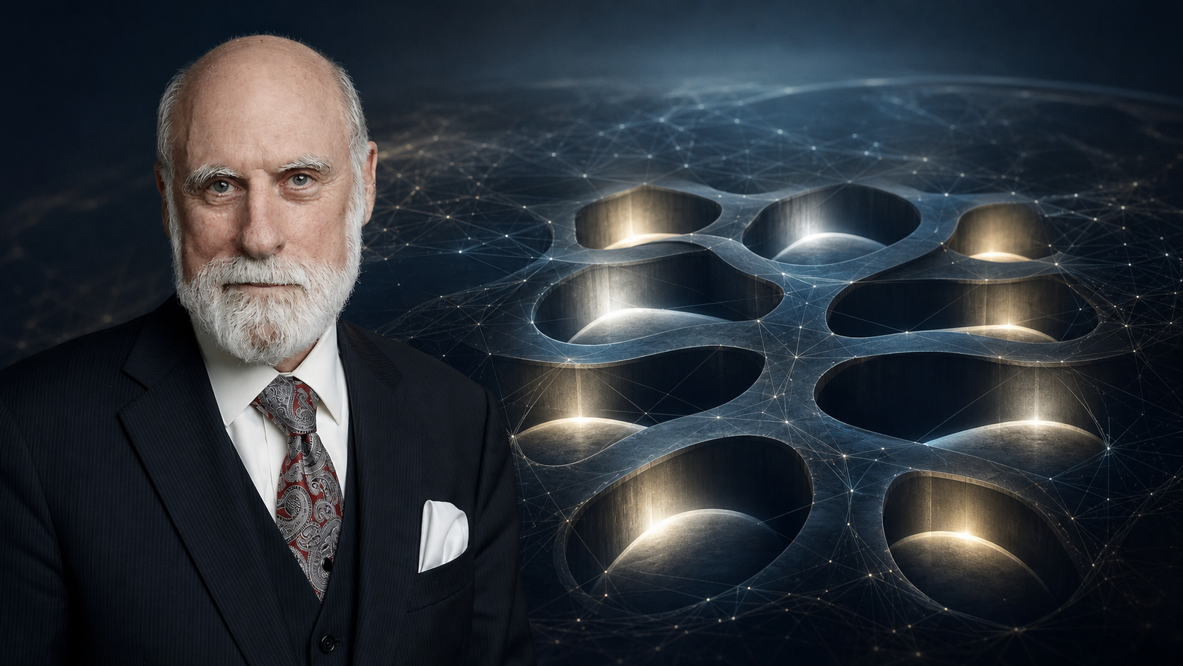 AI editorial portrait of Vint Cerf beside nine connected open network passages