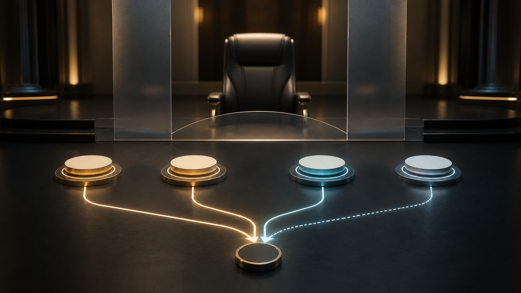 Four separate amber and cyan authority tokens feed an orderly handover point before an empty executive chair, with one connection still visibly pending.