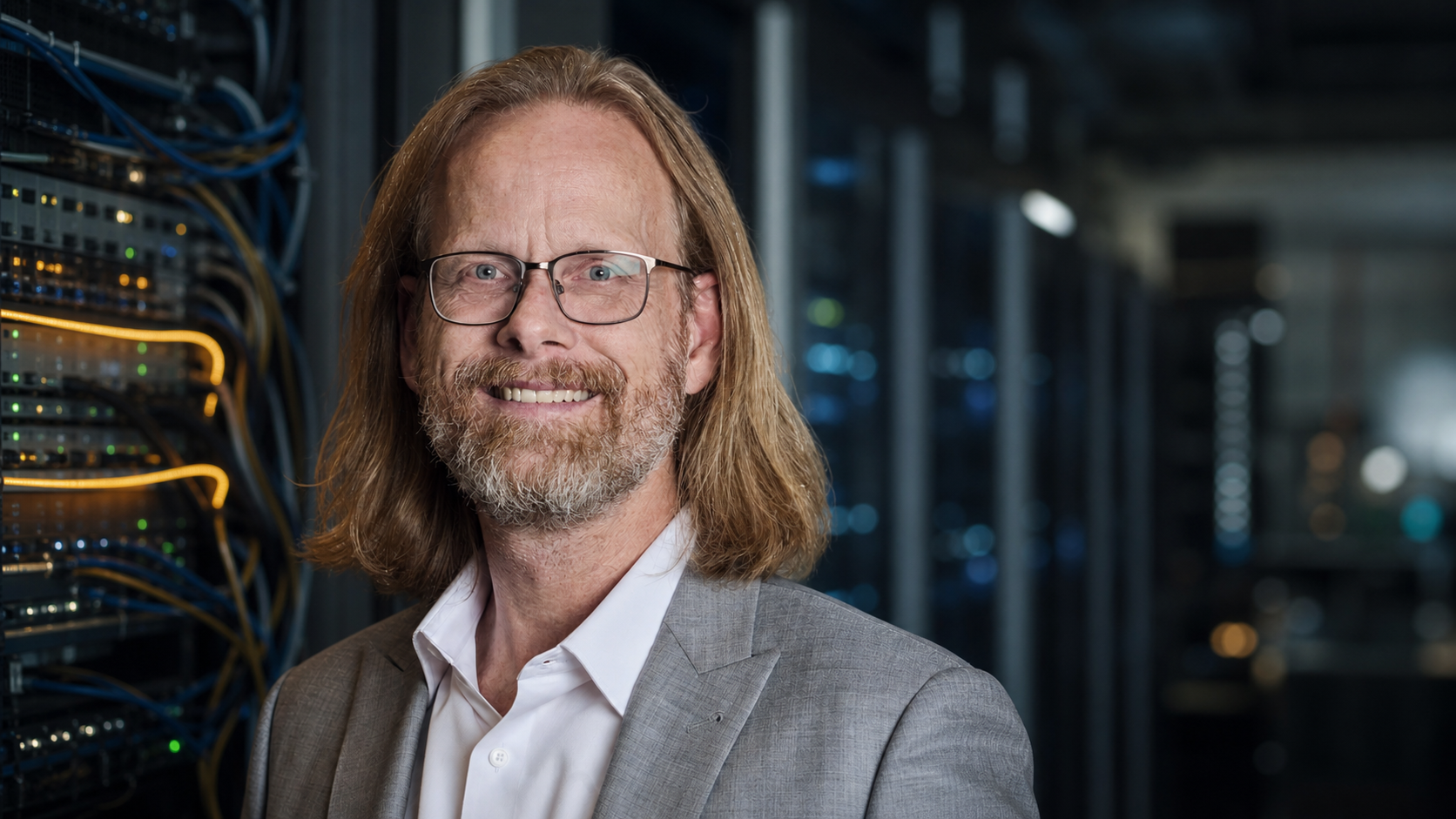 AI editorial portrait of Alan DeKok in a network access operations space beside an illuminated connection path.