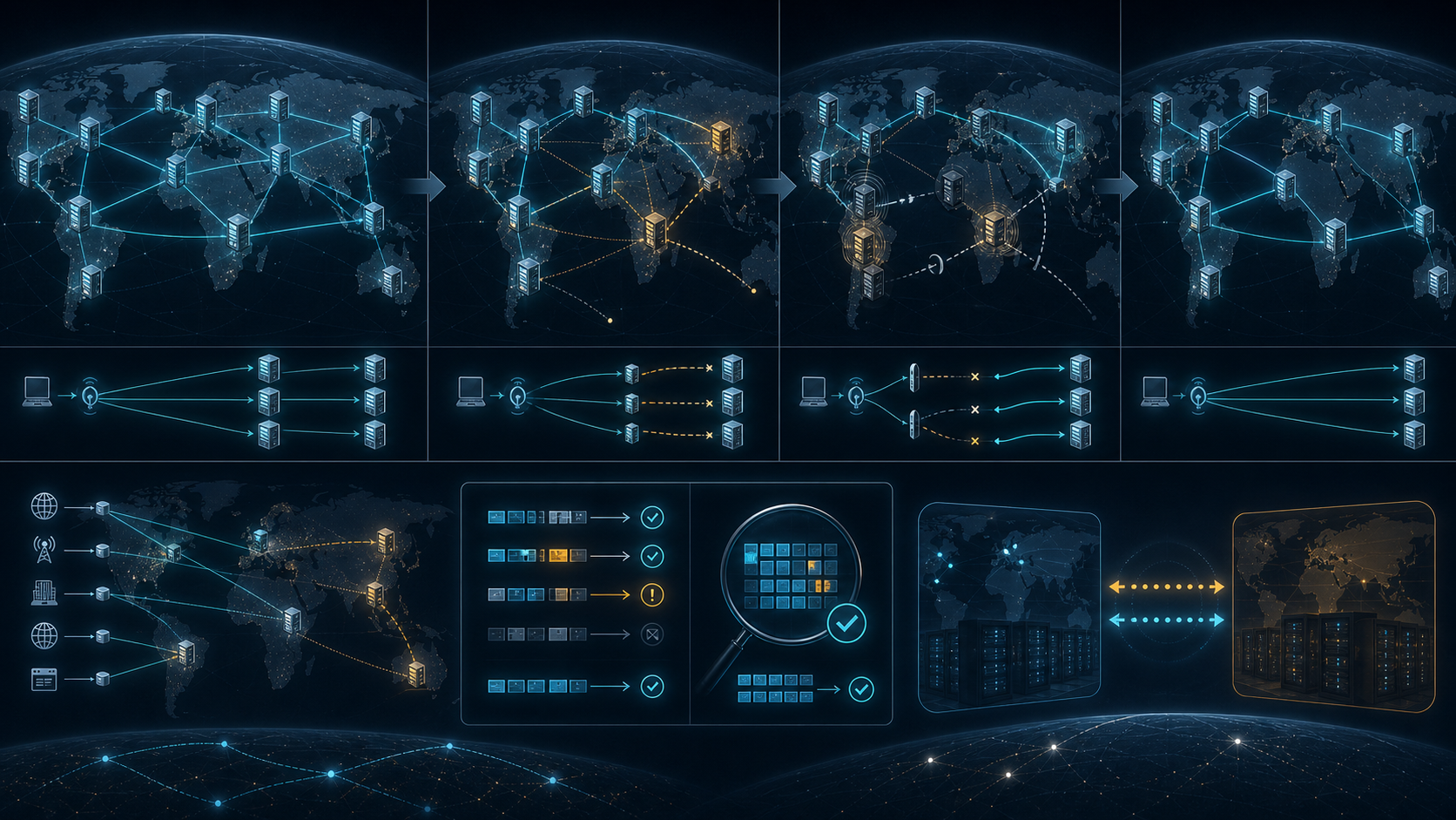 Conceptual global DNS infrastructure with distributed server nodes, highlighted degraded routes, monitoring controls and traffic rerouting paths.