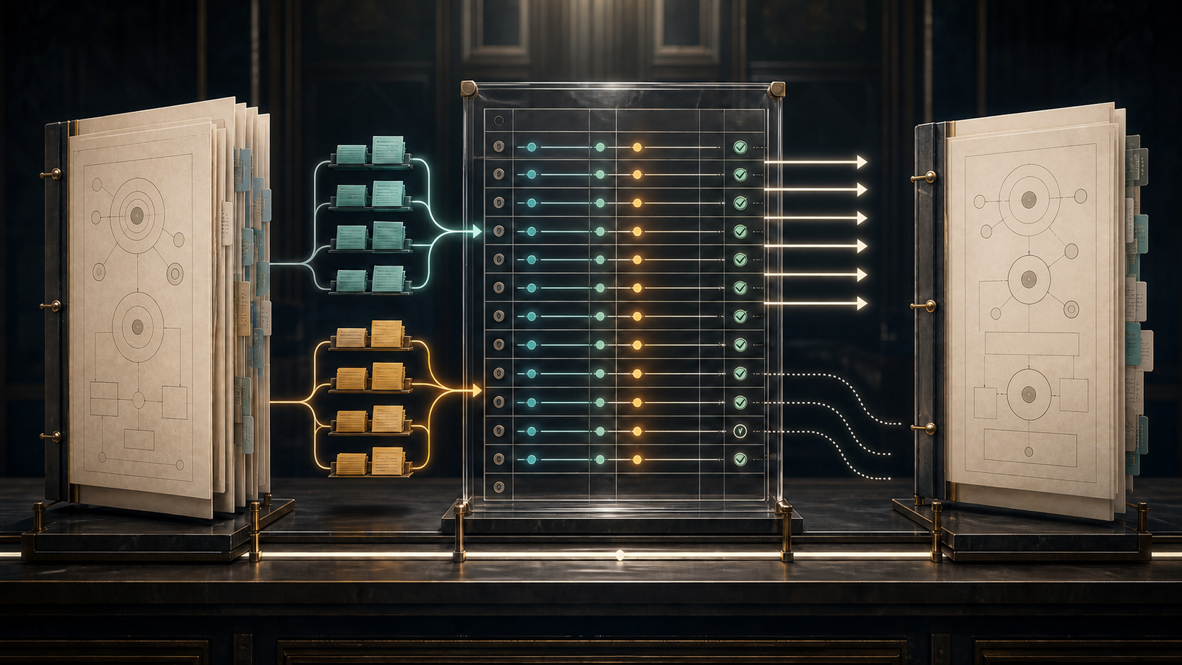 Two separate evidence streams enter a transparent provision-level change ledger between an initial draft and revised draft; resolved rows flow forward while unresolved rows remain open.