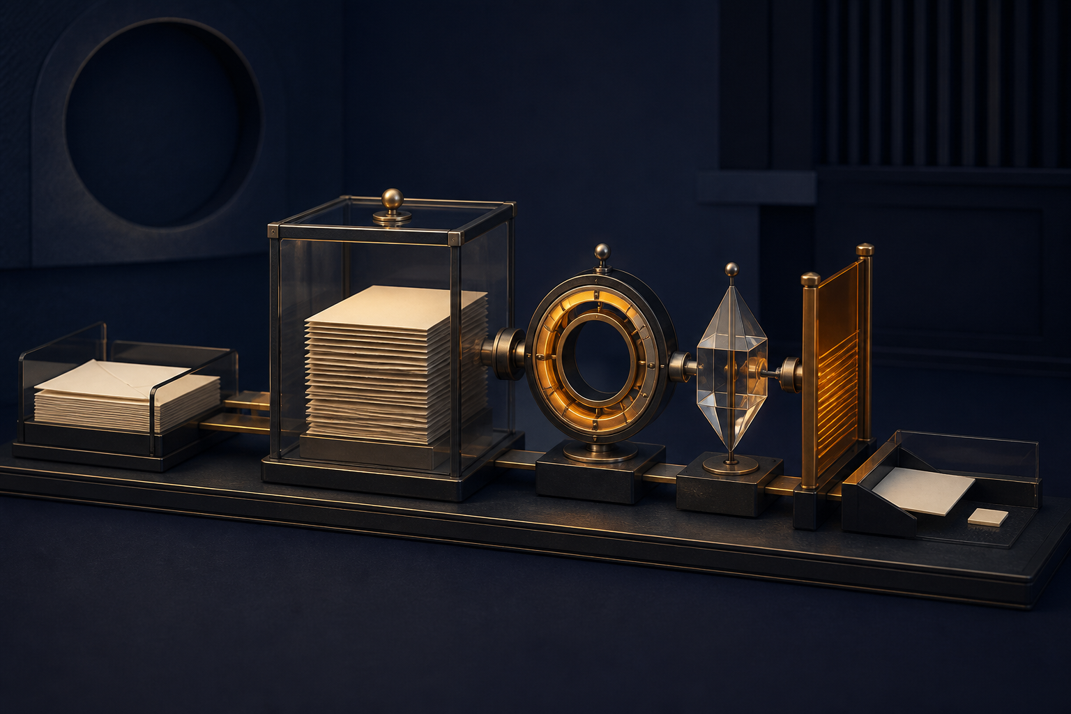 Editorial illustration of a confidential correspondence archive passing through a mechanical retention clock, a separate custodian prism, a raised legal-hold gate and a disposition tray that produces an integrity receipt.