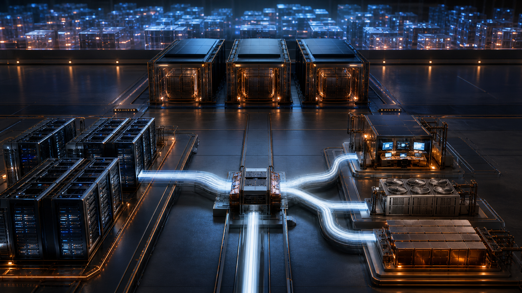 A luminous service flow divides between external server racks and three delivery components, with sealed capacity modules and a separate field of customer systems behind them.