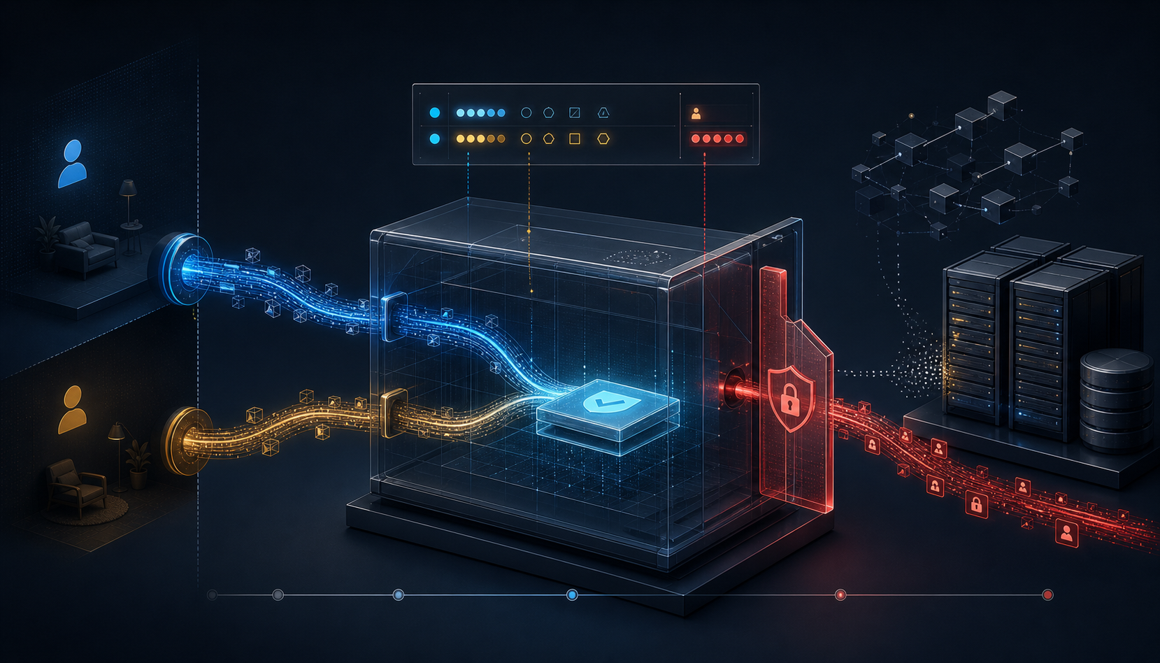 Two distinct blue and amber request paths enter a transparent cache chamber and converge on one stored response, while a red identity and security lane remains separated by a guarded boundary.