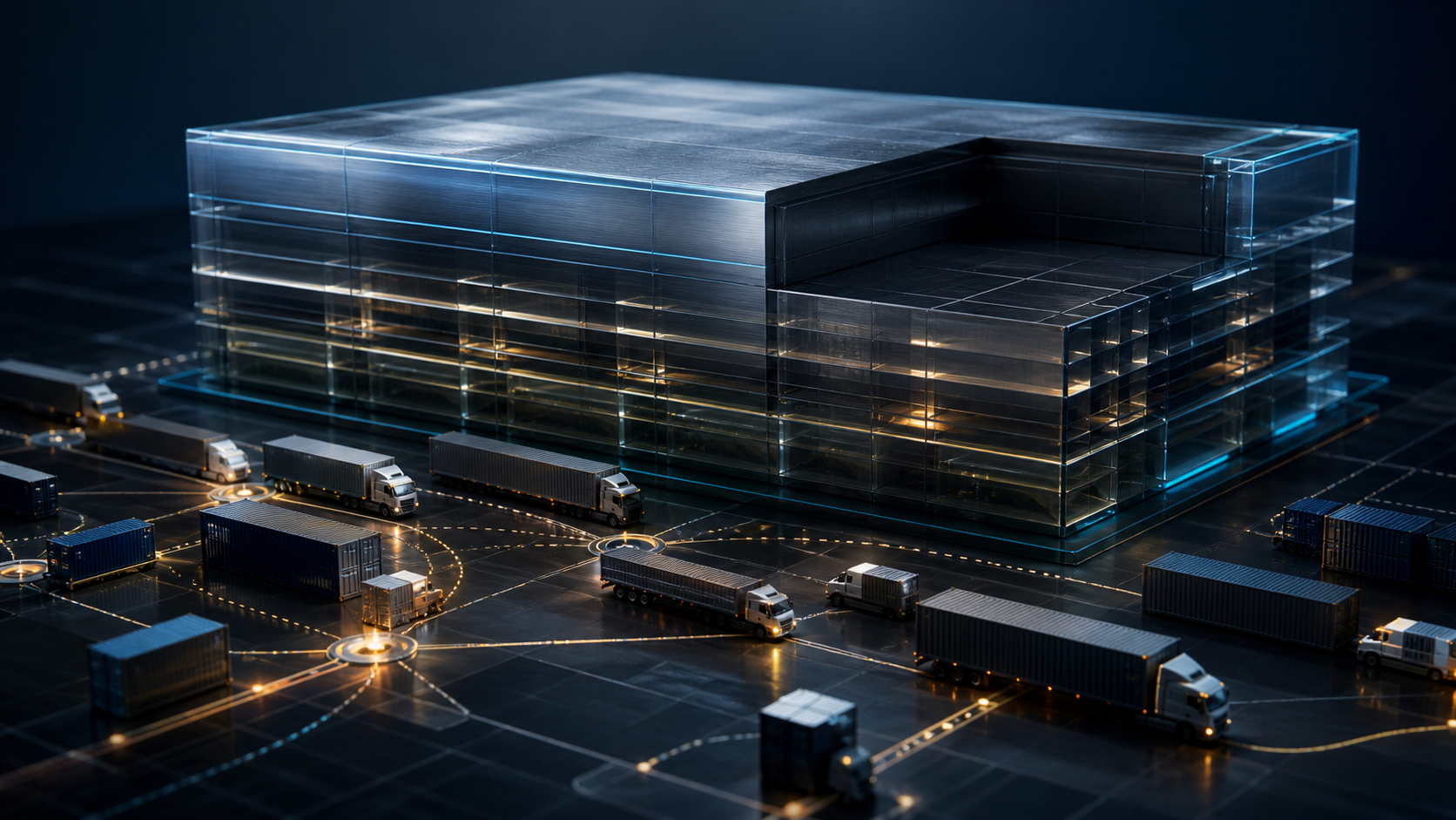 An active network of freight trailers and containers runs beneath a layered glass valuation structure with one measured recessed section and a larger illuminated remainder.