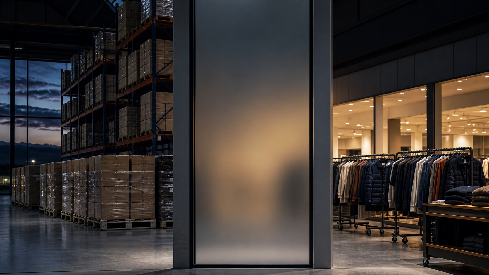 Stored apparel cartons and current-selling clothing are separated by a blank translucent partition, illustrating the undisclosed mix inside Ross's reported inventory total.