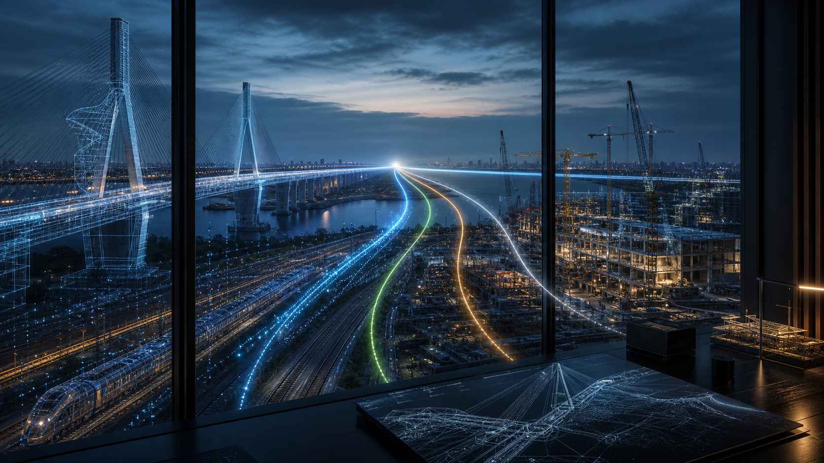A bridge, rail corridor and construction site appear as an infrastructure digital twin, with four unlabeled usage streams converging toward one horizon.