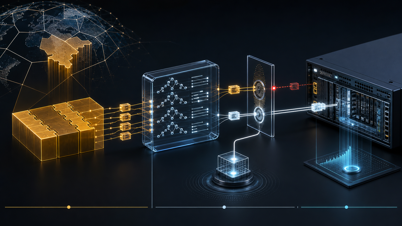 An amber enterprise namespace is cut from a global allocation lattice, compact schema tokens cross a separate provenance checkpoint, and only a verified white mapping reaches a running network device while a misleading red token is stopped.