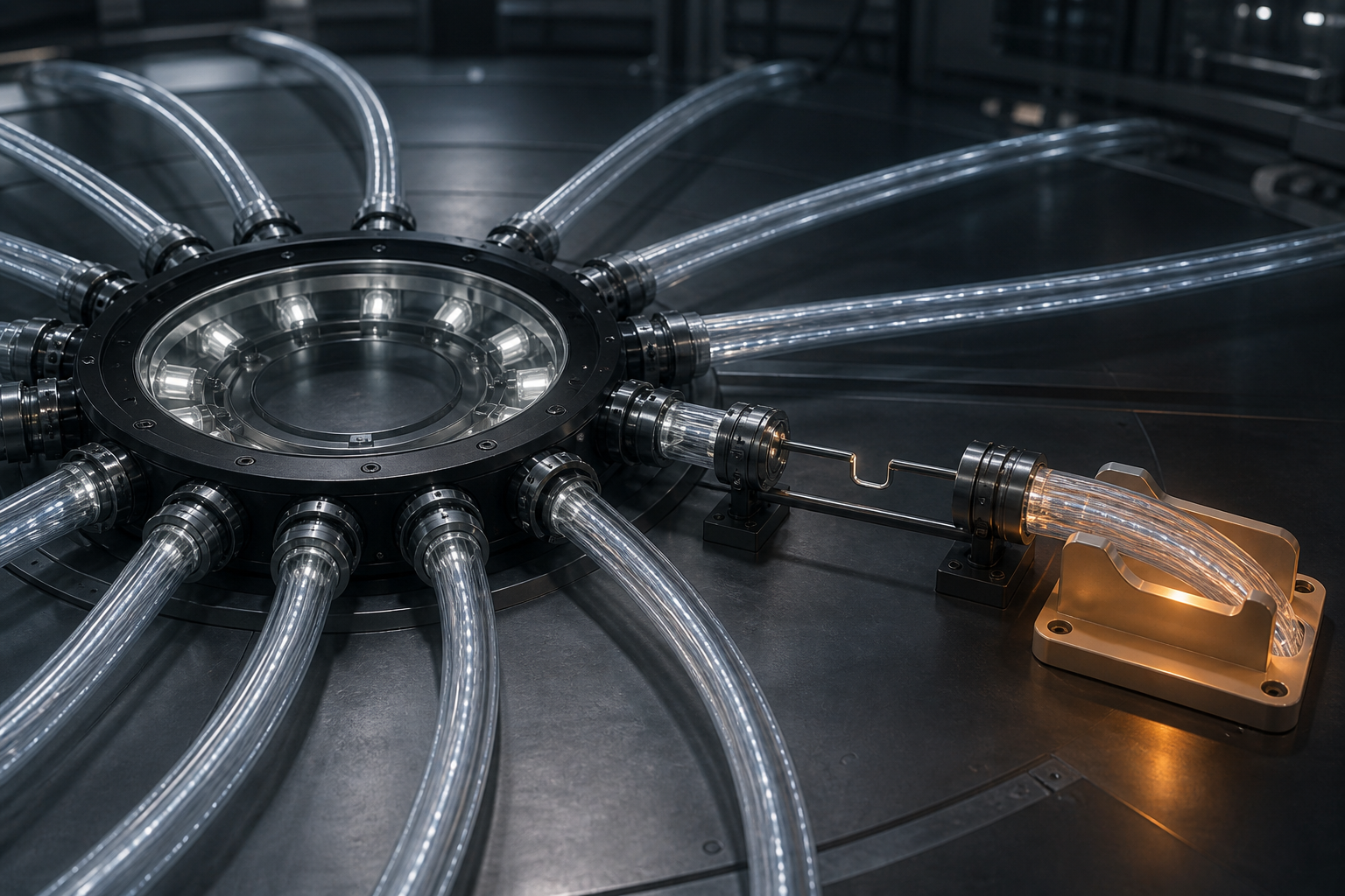 Twelve luminous infrastructure paths converge on a stable ring while one intact path rests in a reversible amber cradle beside an unfinished return connector.