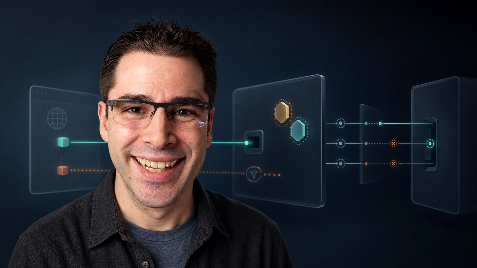 Aaron Parecki in an AI editorial portrait beside a browser session path, server-held tokens and a constrained BFF route to a resource gate.