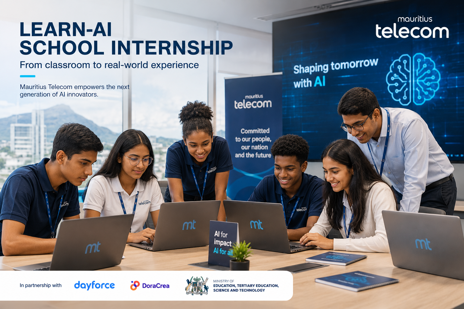 AI-generated illustration of students working with laptops during a Learn-AI internship at Mauritius Telecom