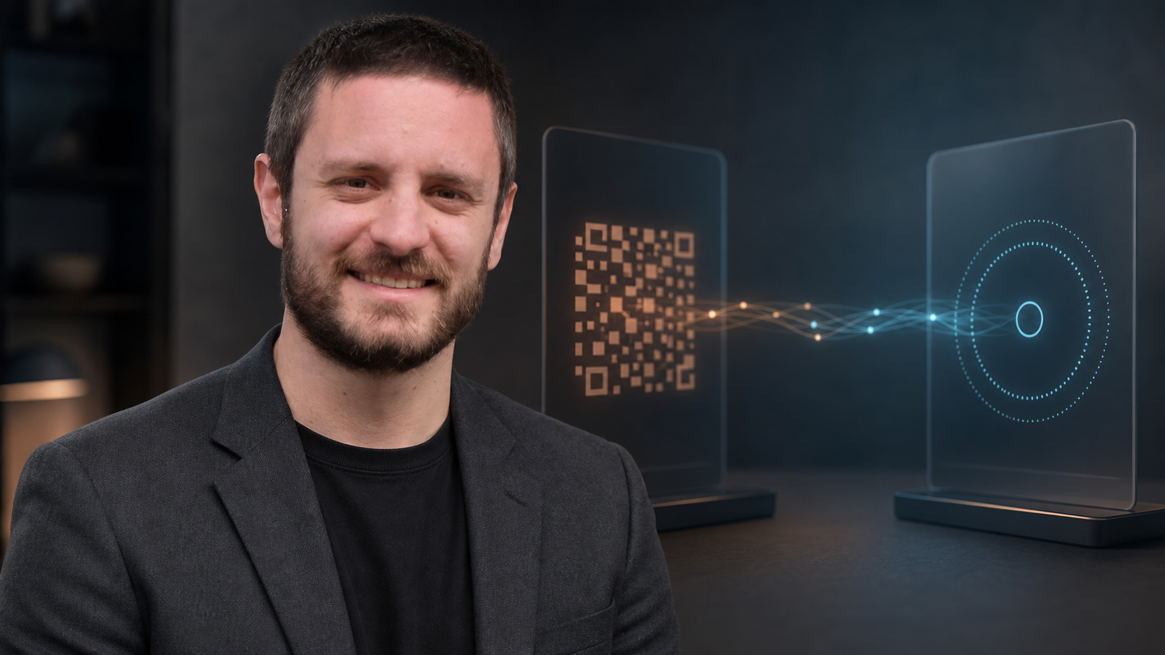 Daniel Fett in an AI editorial portrait between separate device and request-context planes joined by a narrow authorization path.