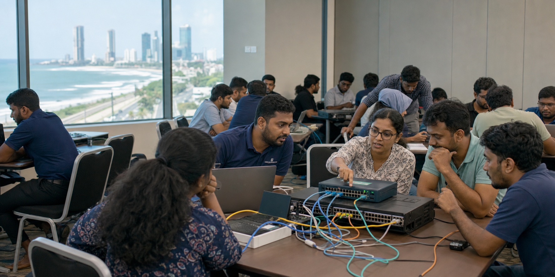 Sri Lankan network operators collaborate around routers, switches and laptops in a Colombo workshop room overlooking the coast.