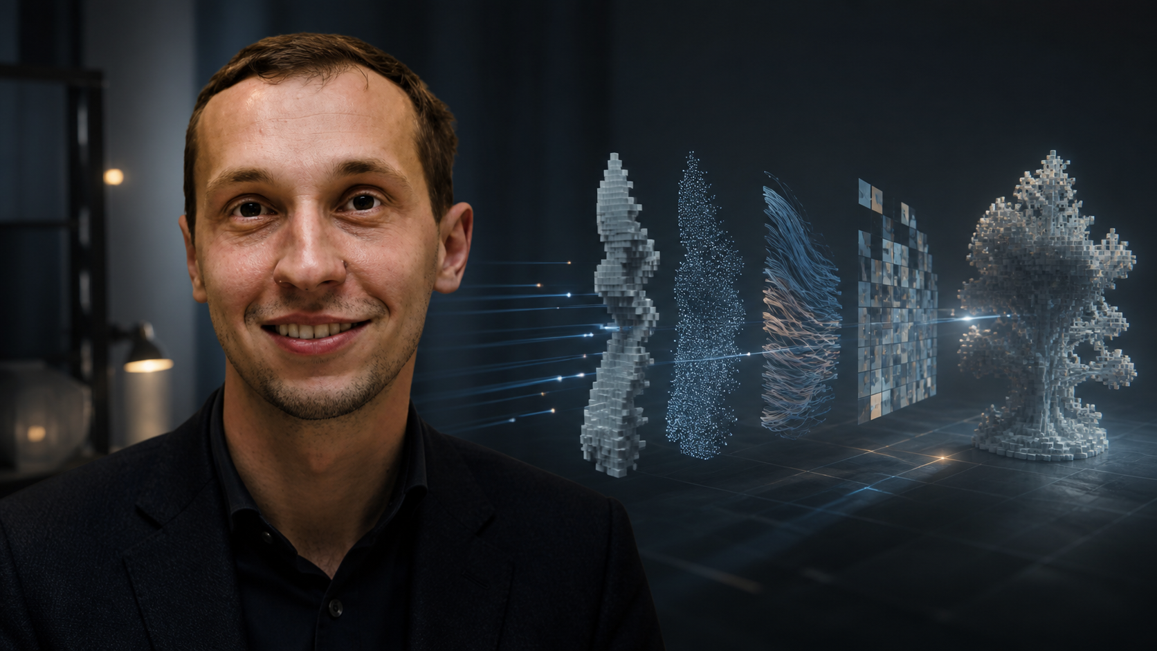 Lukasz Kondrad in an AI editorial portrait beside separate abstract V3C atlas and video components.