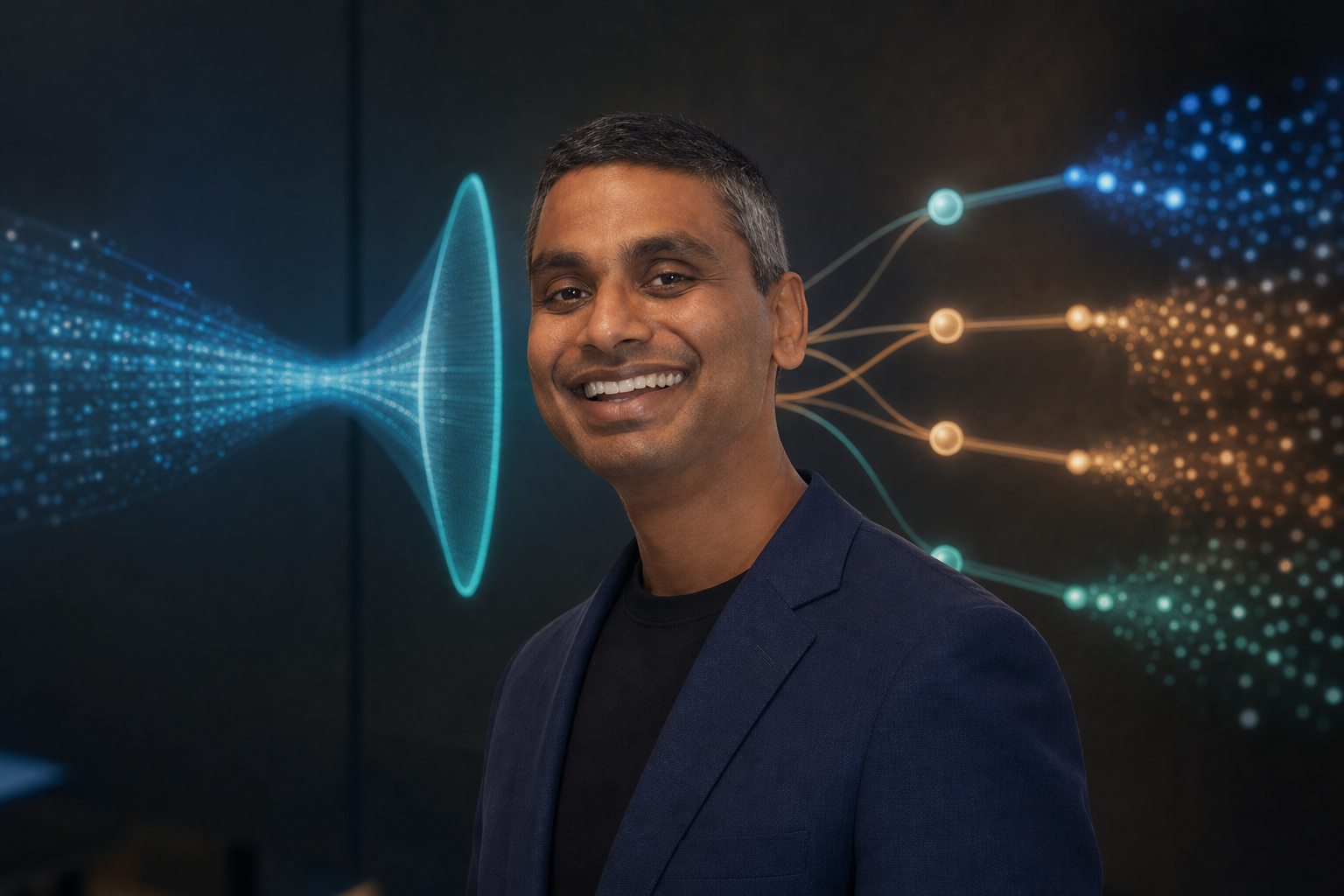 Pradosh Mohapatra in an AI editorial portrait between a declared routing signal, a local limiting surface, weighted paths and observed traffic.