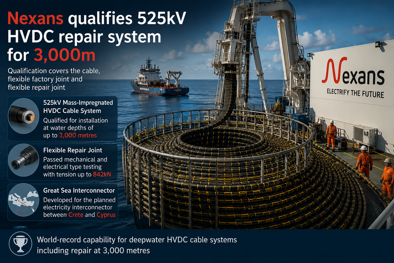 Nexans、3,000m 深海対応の525kV HVDC 修理システムを認定