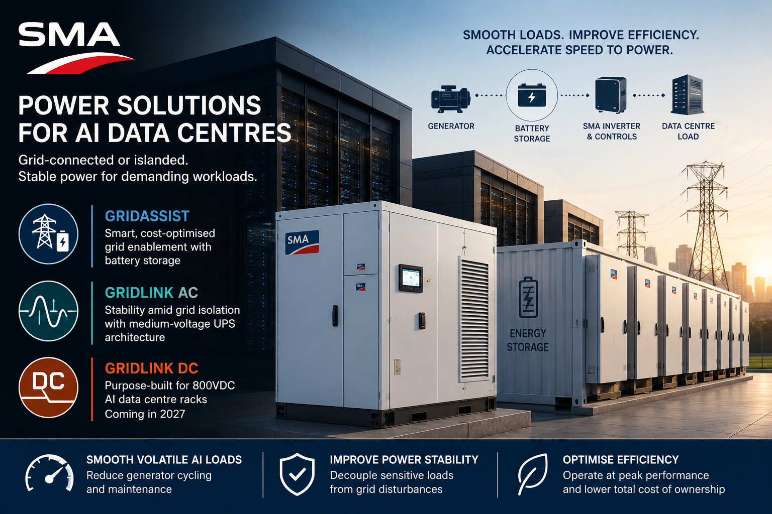 Illustration of SMA grid, battery storage and power-conversion systems supporting an AI data centre