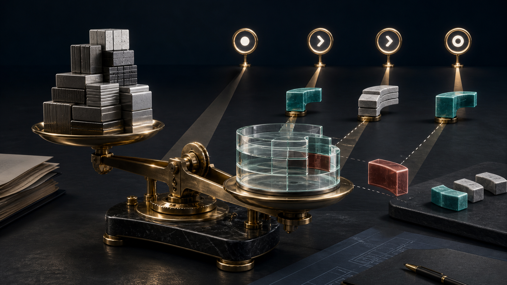 A brass balance weighs capital blocks against an unfinished glass denominator assembled across future checkpoints.