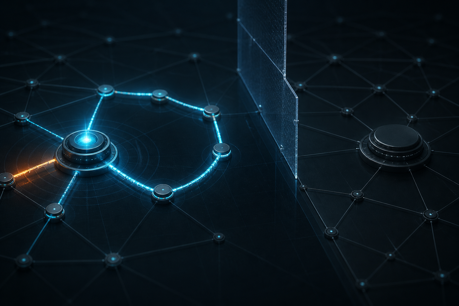 A cyan local network reroute bypasses an amber fault while a distant endpoint remains dark beyond a transparent boundary.