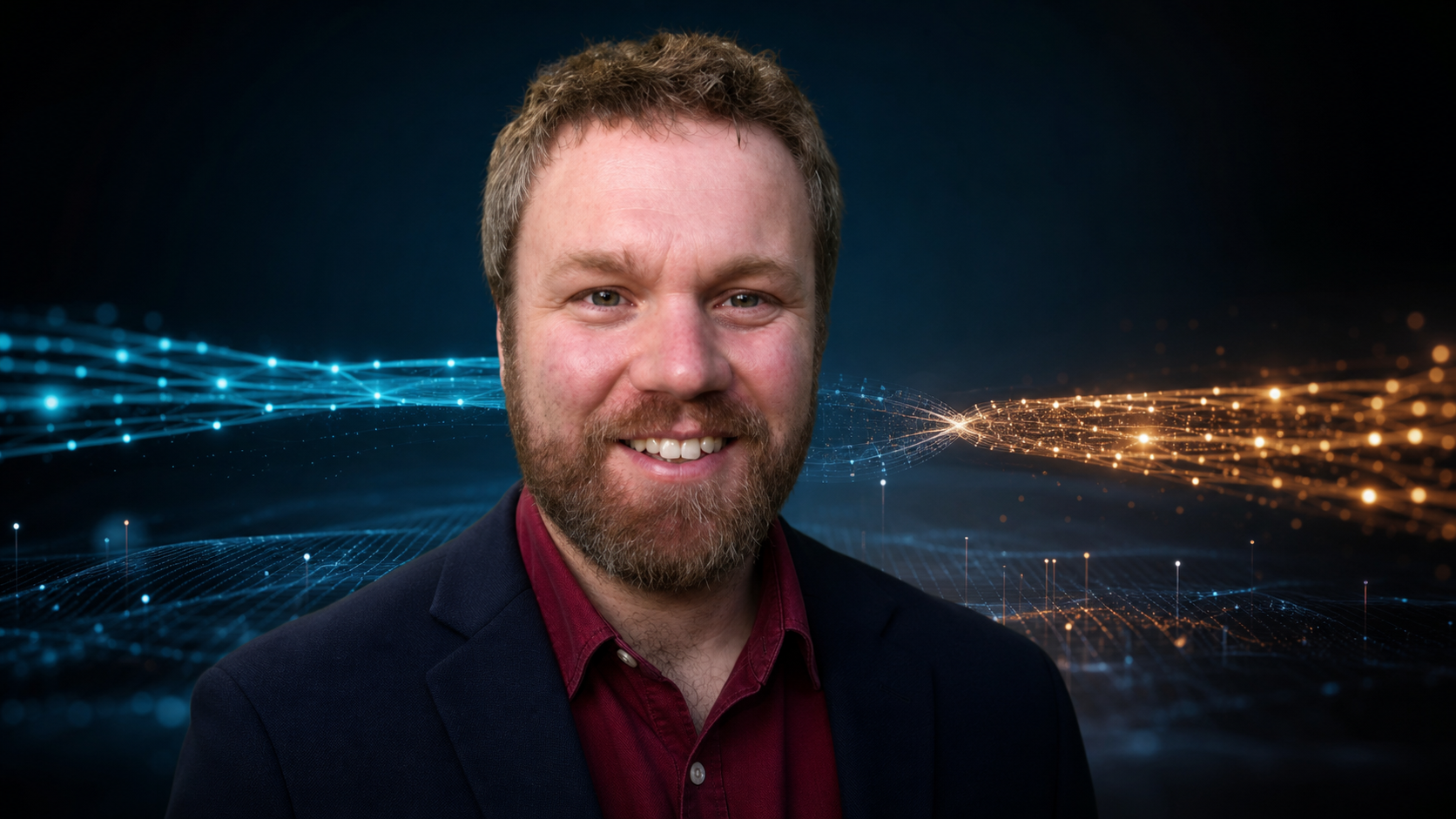 AI editorial portrait of Bob Briscoe with separate cyan and amber packet paths suggesting L4S identity and local queue treatment.