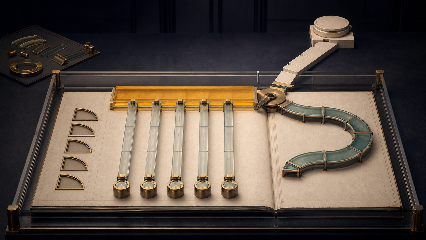 Five equal charter rails reach an amber maturity gate before an unlocked selector splits toward a completion plinth and a teal maintenance loop.