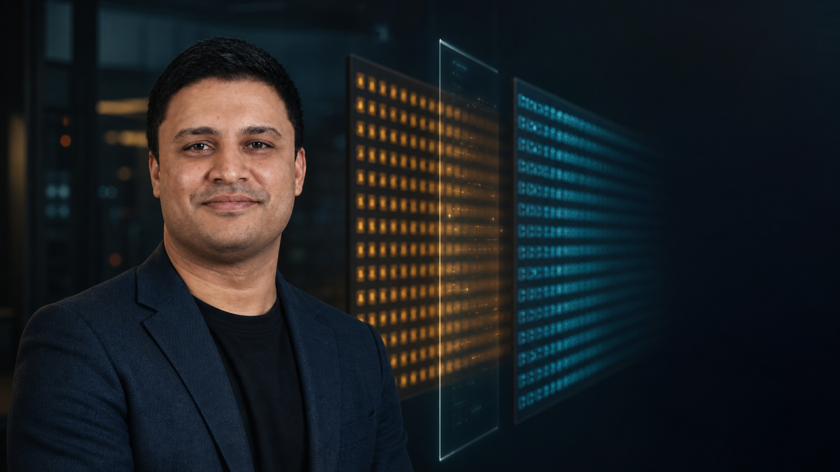 Ashesh Mishra in an AI editorial portrait beside two pseudorandom state pages separated by a checkpoint plane