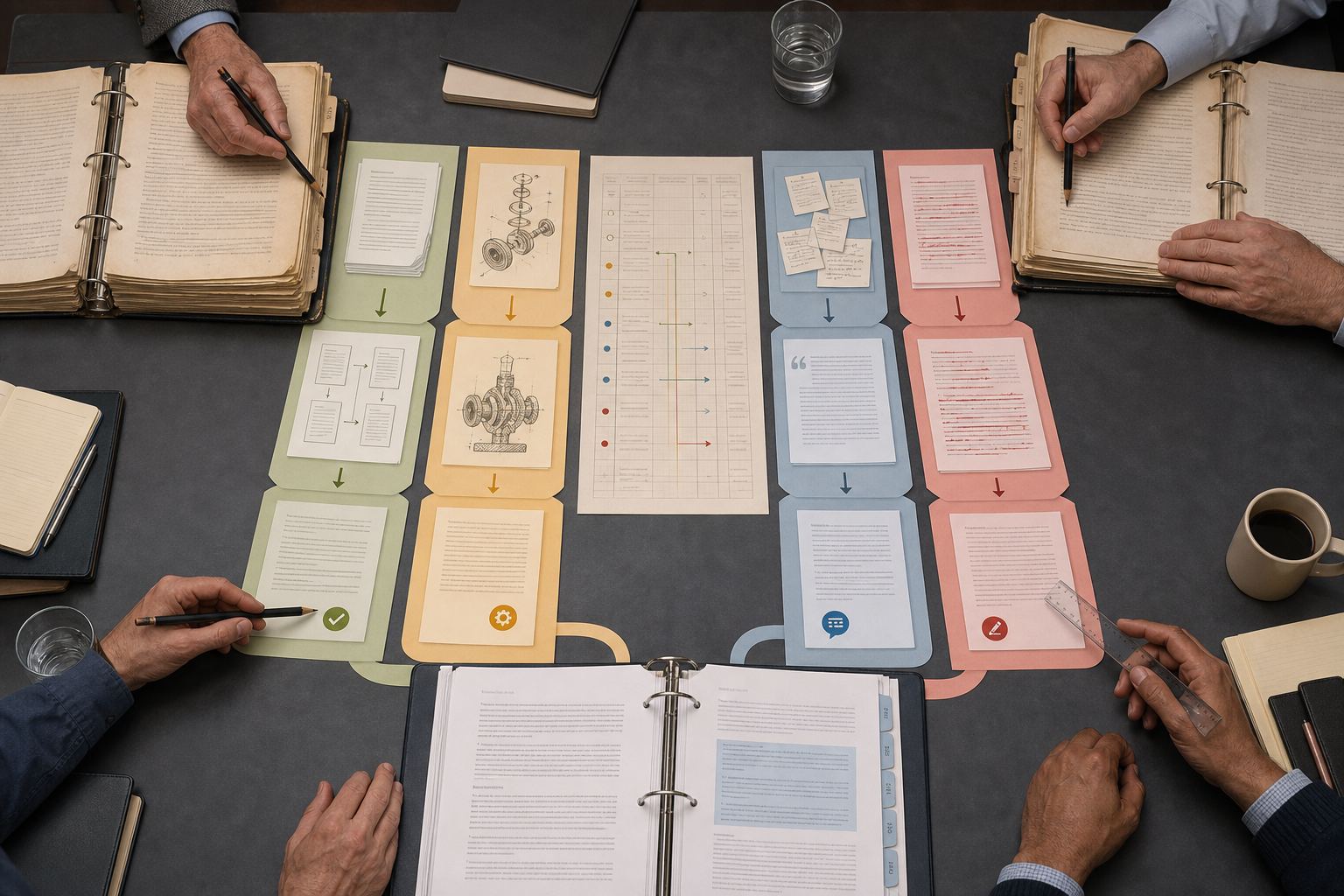 Standards editors review four color-coded change paths between aged process binders and a new draft, with a provenance ledger at the center.